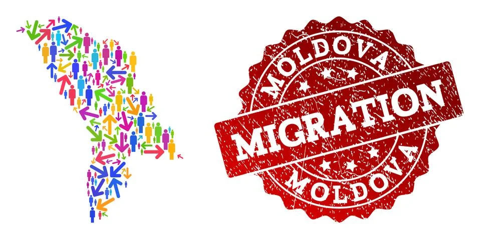 Migration Composition of Mosaic Map of Moldova and Distress Seal Stock Illustration