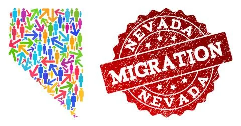 Migration Composition of Mosaic Map of Nevada State and Textured Stamp Stock Illustration