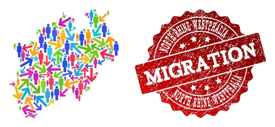 Migration Composition of Mosaic Map of North Rhine-Westphalia State and Grunge Stock Illustration