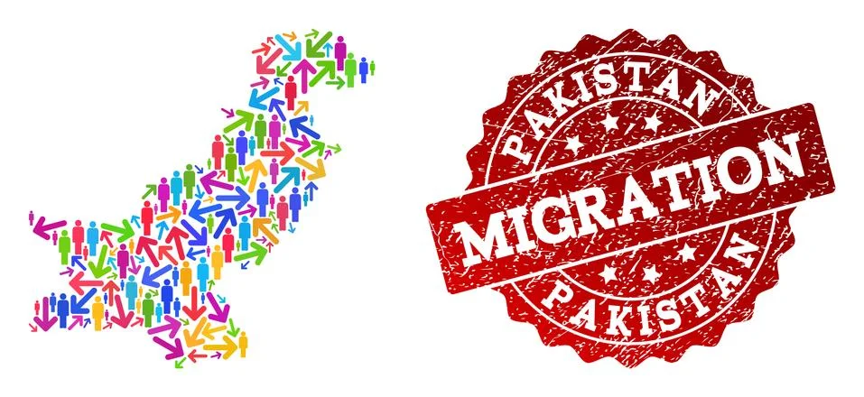 Migration Composition of Mosaic Map of Pakistan and Distress Seal 스톡 일러스트