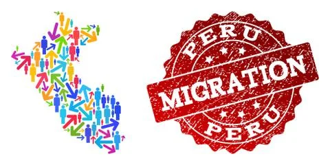 Migration Composition of Mosaic Map of Peru and Grunge Stamp Stock Illustration