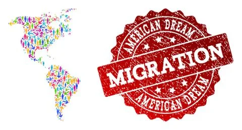 Migration Composition of Mosaic Map of South and North America and Distress Seal Stock Illustration