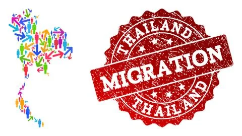 Migration Composition of Mosaic Map of Thailand and Scratched Stamp 스톡 일러스트