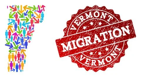 Migration Composition of Mosaic Map of Vermont State and Textured Stamp Stock Illustration
