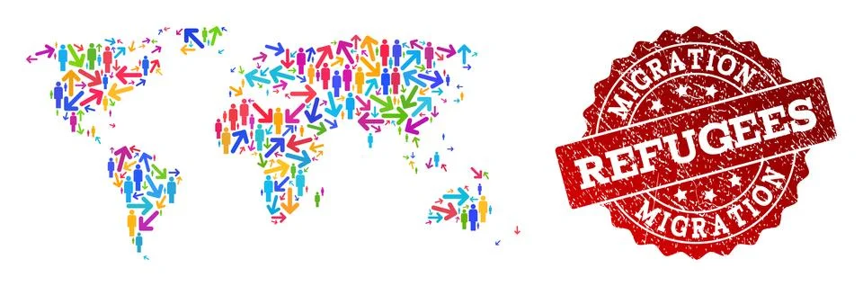 Migration Composition of Mosaic Map of World and Grunge Seal Stock Illustration