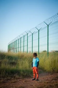 Migration concept one lonely poor kid refugee standing sad on state border wi 스톡 사진