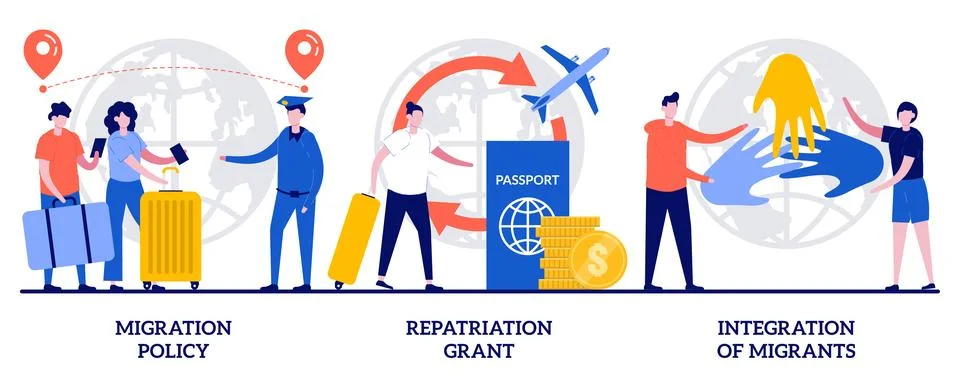 Migration policy, repatriation grant, integration of migrants concept with .. Stock Illustration