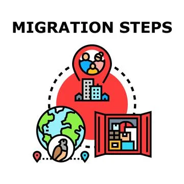 Migration process steps with relocation movement concepts Stock Illustration