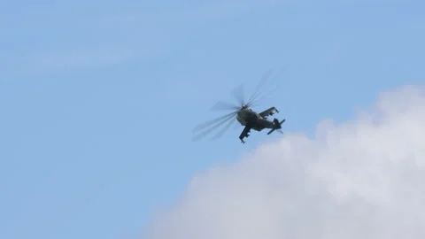 Mil Mi-24 Hind attack helicopter designed for close air support of ground forces Stock Footage 146699485