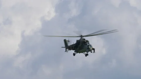 Mil Mi-24 Hind combat helicopter used in many modern wars Stock Footage 146962528
