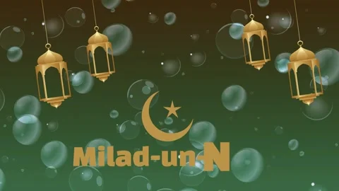 Milad un Nabi Islamic Background with Golden Lanterns, Crescent Moon and Sta Stock Footage 342028071