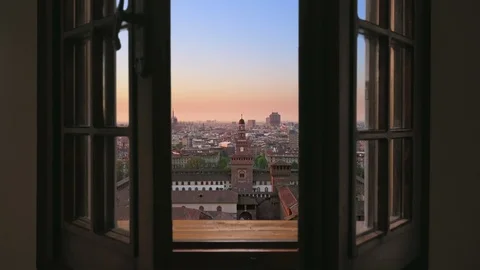 Milan aerial view drone coming out the window Stock Footage