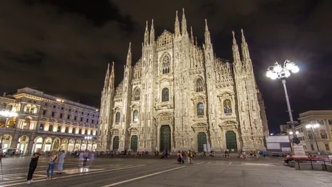 Milan Cathedral illuminated at night timelapse hyperlapse Stock Footage