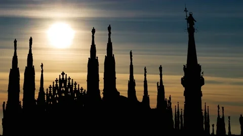 Milan Cathedral in Silhouette at Sunset, Time Lapse  with Colorf Clouds Stock Footage 236285116