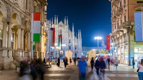 Milan, Cathedral square Dome Night, Piazza Duomo Milano, Timelapse Hyperlapse 4k Stock Footage 101692020