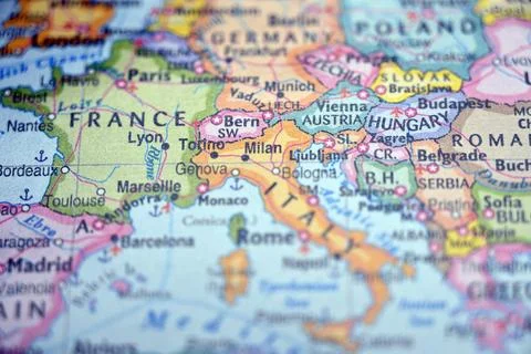 Milan Highlighted on World Map with Soft Blur Background Minimal Travel Conce Stock-Fotos