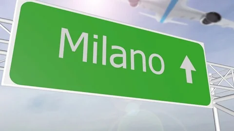 Milan indication location highway road sign with airplane fly Stock Footage