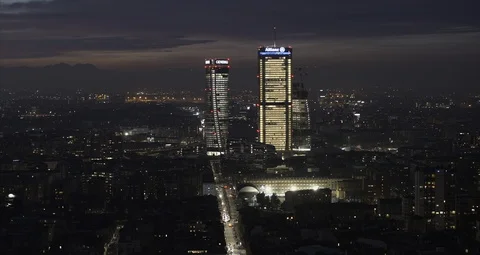 Milan, Italy - Aerial night drone video in 6K UHD with fireworks Stock Footage