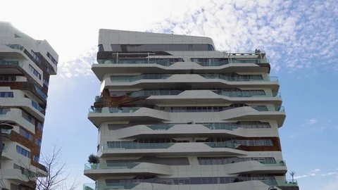 Milan Italy CityLife shopping district Hadid residences, designed by Zaha Hadid. Stock Footage