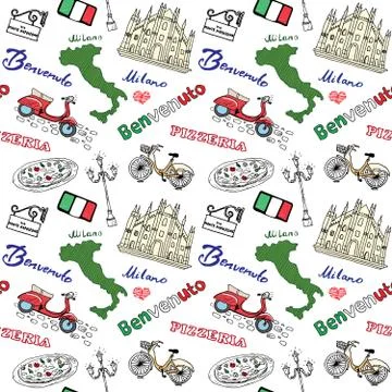 Milan Italy seamless pattern with Hand drawn sketch elements Duomo cathedral, Stock Illustration