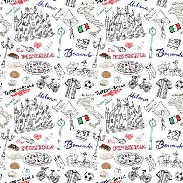 Milan Italy seamless pattern with Hand drawn sketch elements Duomo cathedral, Illustrazione stock