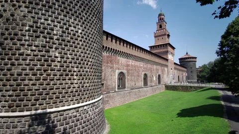 Milan, Italy. Side view of the main facade of Castello Sforzesco Stock Footage 137592127