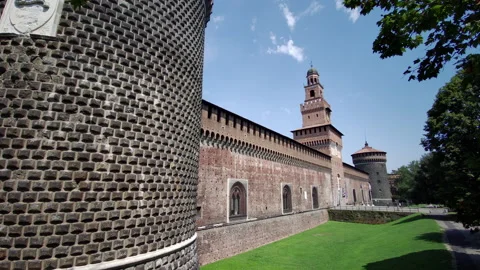 Milan, Italy. Side view of the main facade of Castello Sforzesco Stock Footage 143932907
