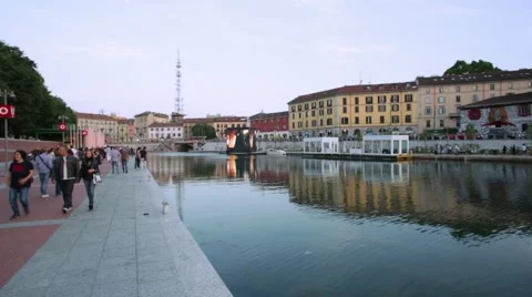 Milan new Darsena, redeveloped docks area with people Stock Footage 64180758