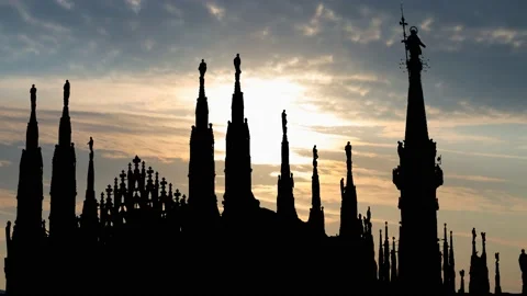 Milan: Ornate Rooftop of the Duomo, Time Lapse at Sunrise with Colorful Clouds Stock Footage 234071670