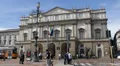 Milan People Visiting Opera Scala Square Old Tram Passing Pedestrians Walking HD Footage