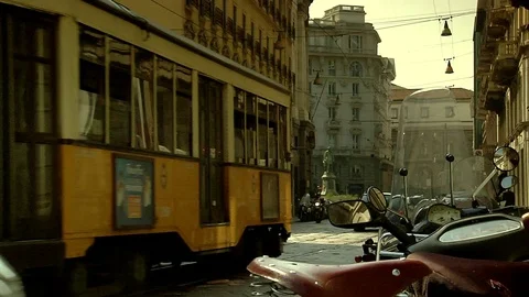 Milan street with tram Stock Footage 75893505