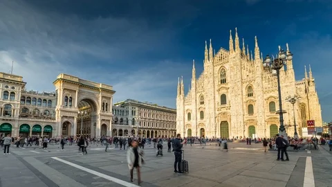 Milan Sunset Cathedral Dome Square. Piazza Duomo Di Milano. Timelapse Hyperlapse Video stock 102460441