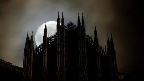 Milan: Time Lapse with Full Moon and Clouds of Iconic Cathedral in Silhouette Stock Footage 100691362