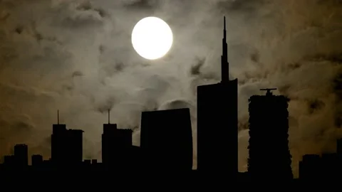 Milan View by Night with Moon, Smoke and Dark Atmosphere,  Italy Stock Footage 140449027