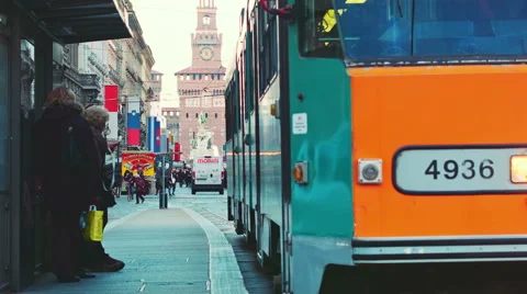 Milano Orange Tram passing by Stock Footage 52056839