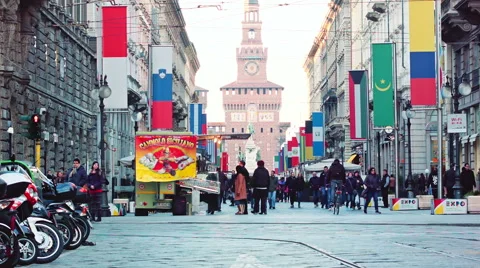 Milano Orange Tram passing by Stock Footage 52056883
