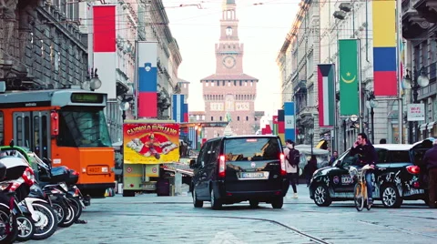 Milano Orange Tram passing by Stock Footage 52056926