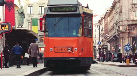 Milano Orange Tram passing by Stock-Footage 52056940
