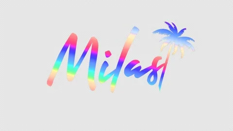 Milas. Multicolor gradient bright contrast inscription, palm tree. 4K Stock Footage 154976825