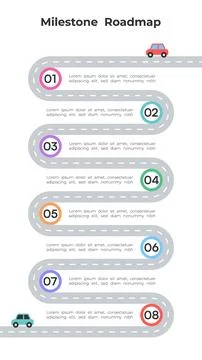 Milestone Roadmap Infographic With Eight Steps Circles Connected By Straigh.. Illustrazione stock