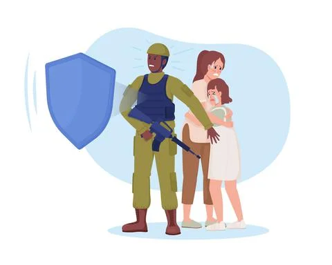 Militant protecting citizens 2D vector isolated illustration Stock Illustration