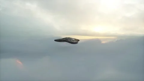 Military alien sci fi ship flying over clouds. Realistic 4k animation Stock Footage 304671173