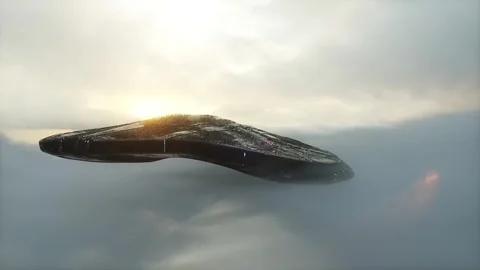 Military alien sci fi ship flying over clouds. Realistic 4k animation Видео 304671191