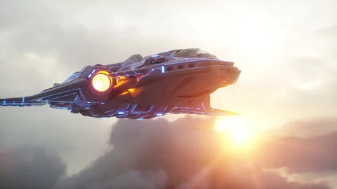 Military alien sci fi ship flying over clouds Stock Footage 304681032