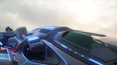 Military alien sci fi ship flying over clouds. Stock Footage 304681091