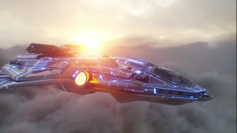 Military alien sci fi ship flying over clouds. Stock-Footage 304681326