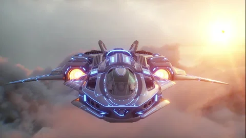 Military alien sci fi ship flying over clouds. Stockbeeldmateriaal 304681349
