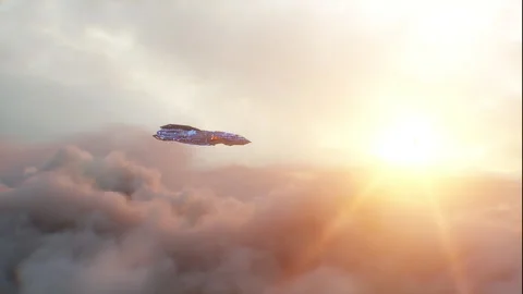 Military alien sci fi ship flying over clouds. Vidéo 304681510