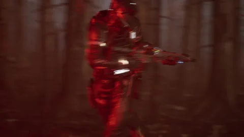 Military astronaut shooting while running in zombie battle 06 Stock Footage 228754072
