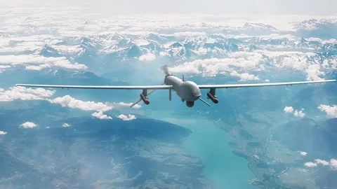 Military Attack Drone Flying High Over Clouds and Lakes with Rear Stock Footage 220817602